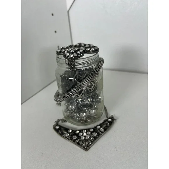 Mixed Silver Tone Costume Jewelry Lot Jar Rhinestone Statement Necklace Brooch - Picture 4 of 11